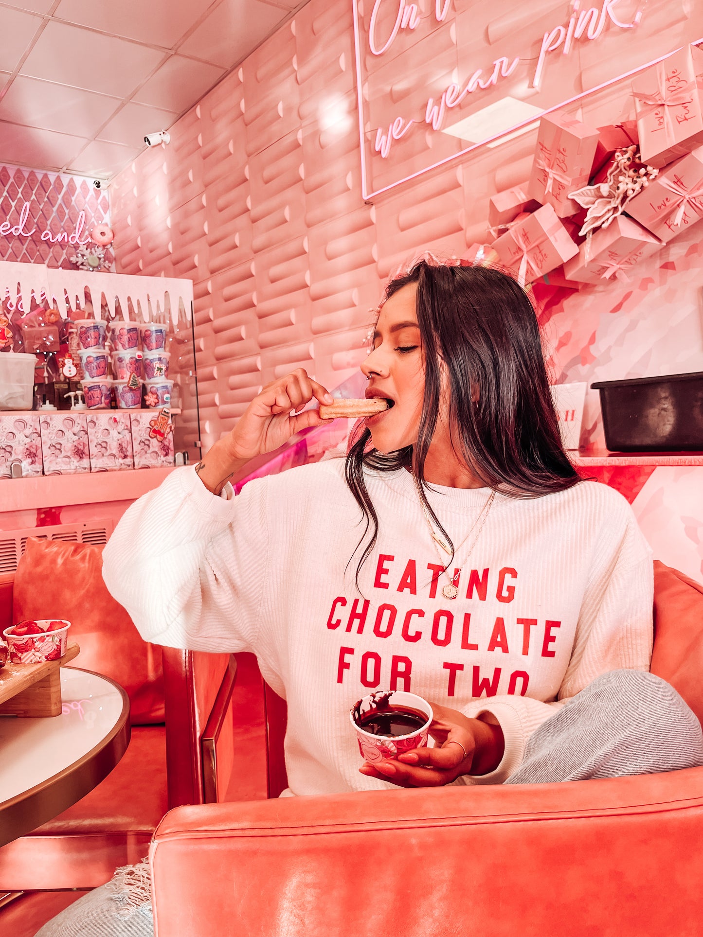 Eating Chocolate For Two (Red) - Corded Sweatshirt (Ivory)