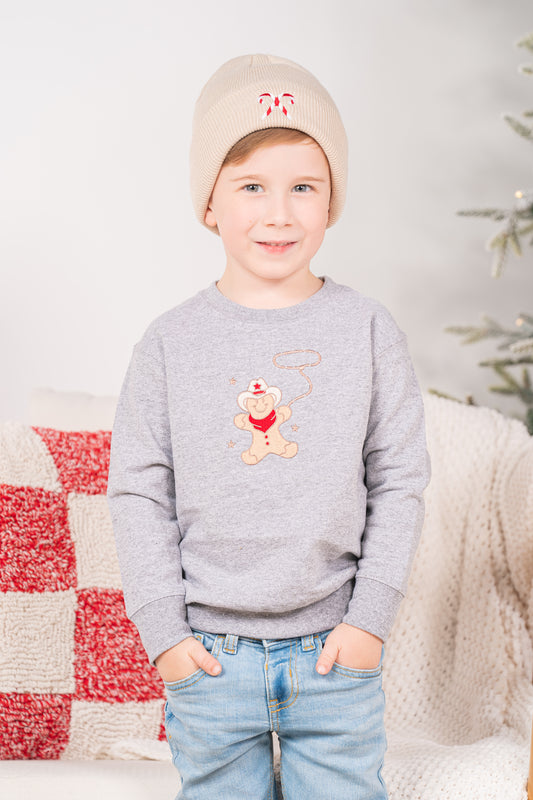 Cowboy Gingerbread Man (Pocket) - Embroidered Kids Sweatshirt (Heather Gray)