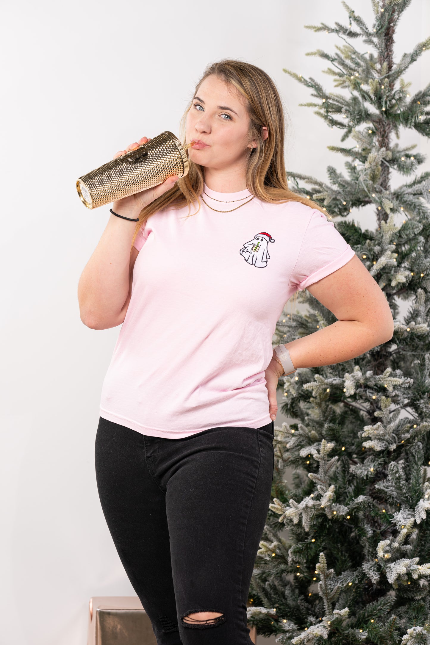 Christmas Iced Coffee Ghoul (Pocket) - Embroidered Tee (Pale Pink)