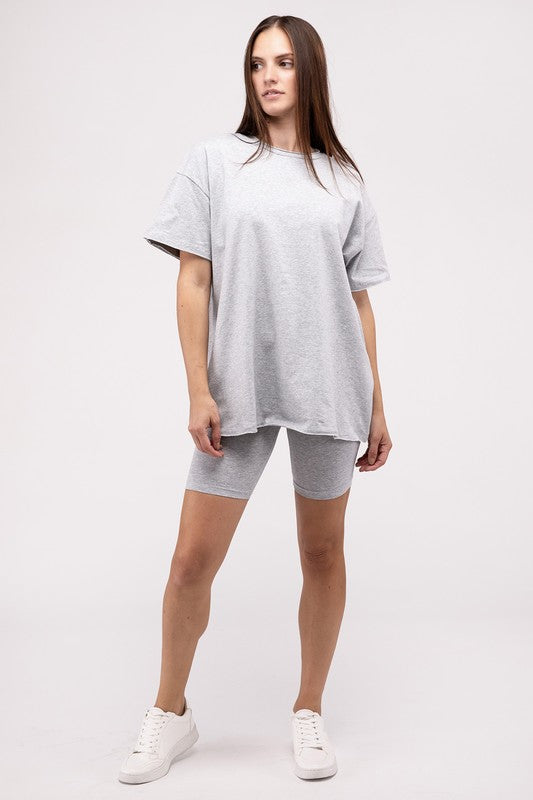 Cotton Round Neck Top & Biker Shorts Set (5 color options)