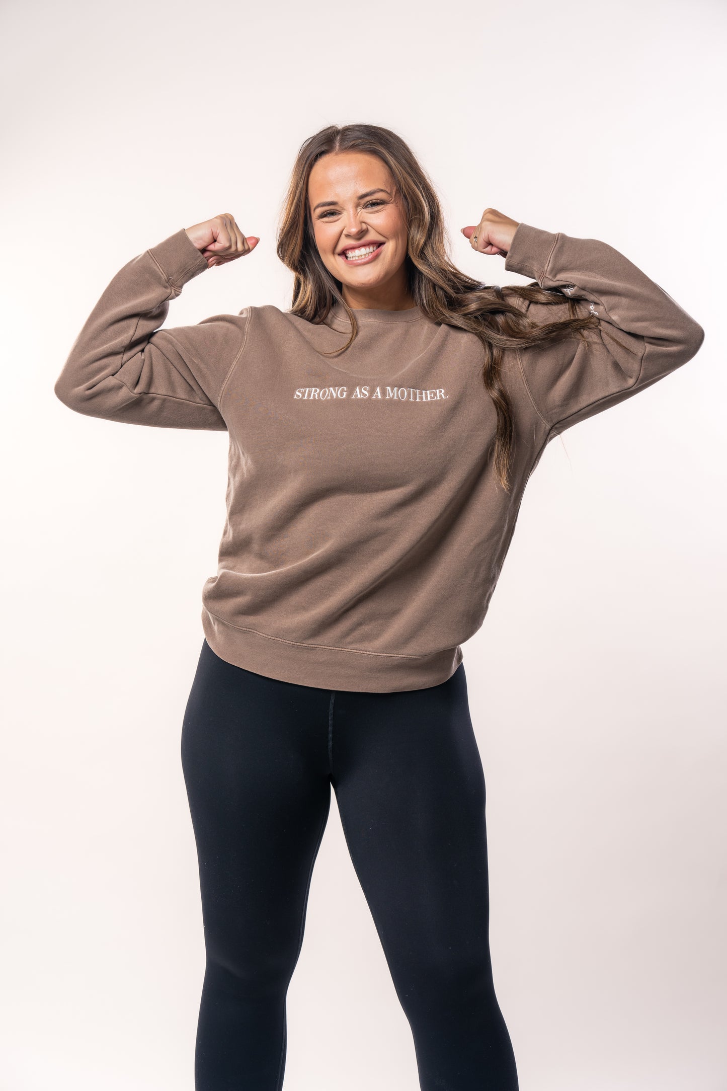 Strong as a Mother (Front, Sleeve) - Embroidered Sweatshirt (Cocoa)