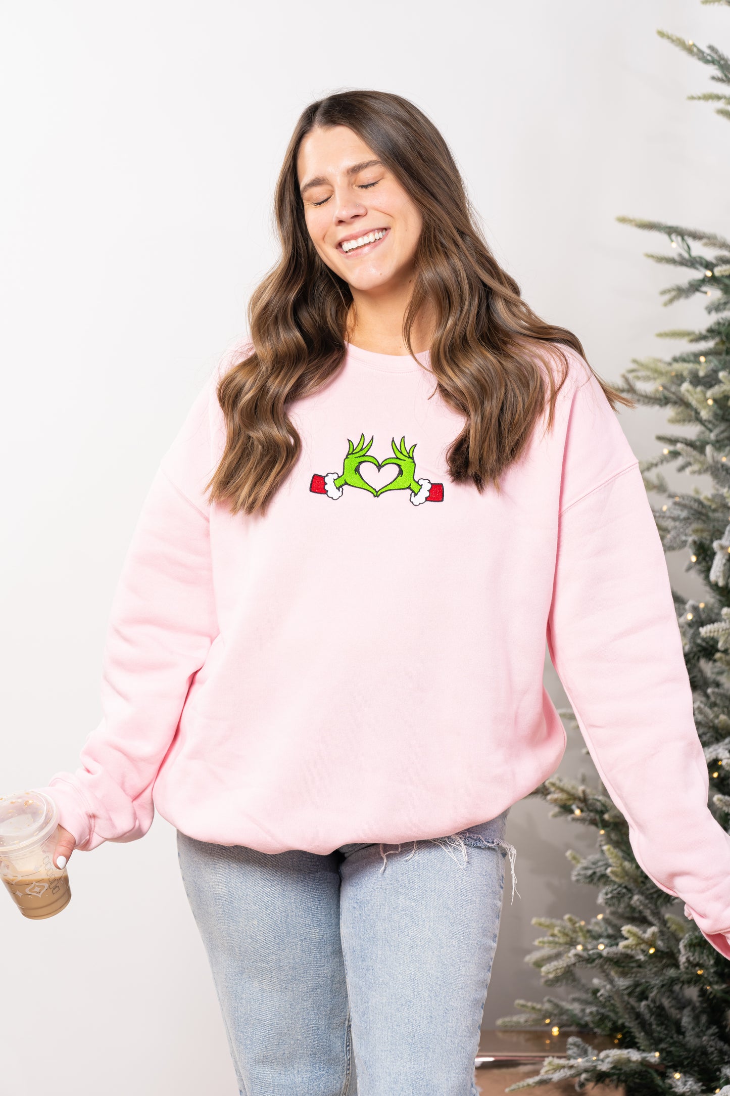 Christmas Heart Hands - Embroidered Sweatshirt (Light Pink)