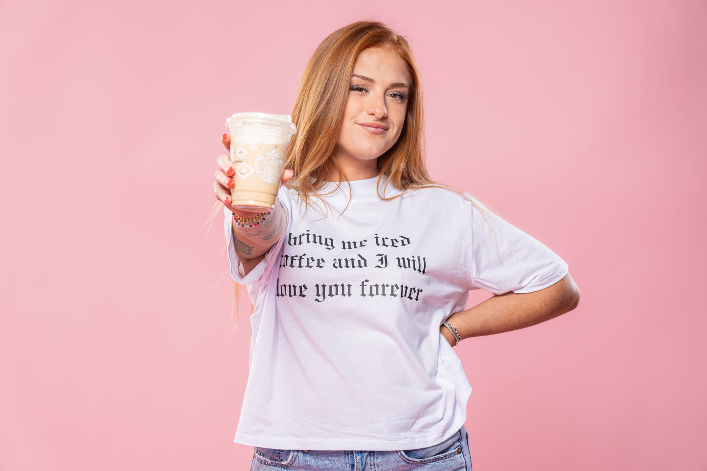 Bring Me Iced Coffee and I Will Love You Forever (Black) - Cropped Tee (White)