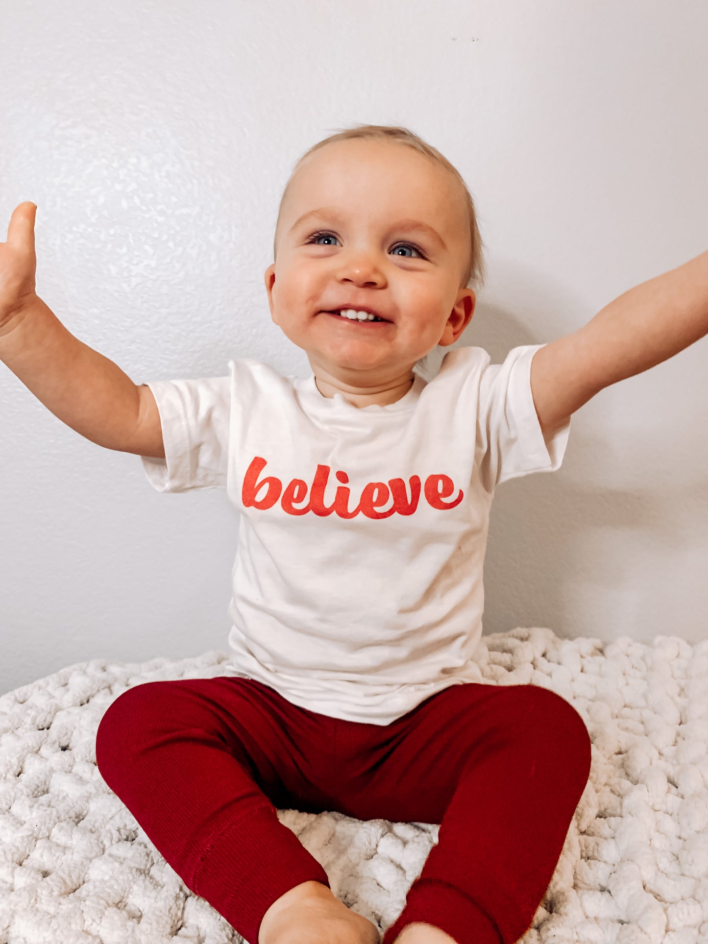 Believe (Thick Cursive, Red) - Kids Tee (White)