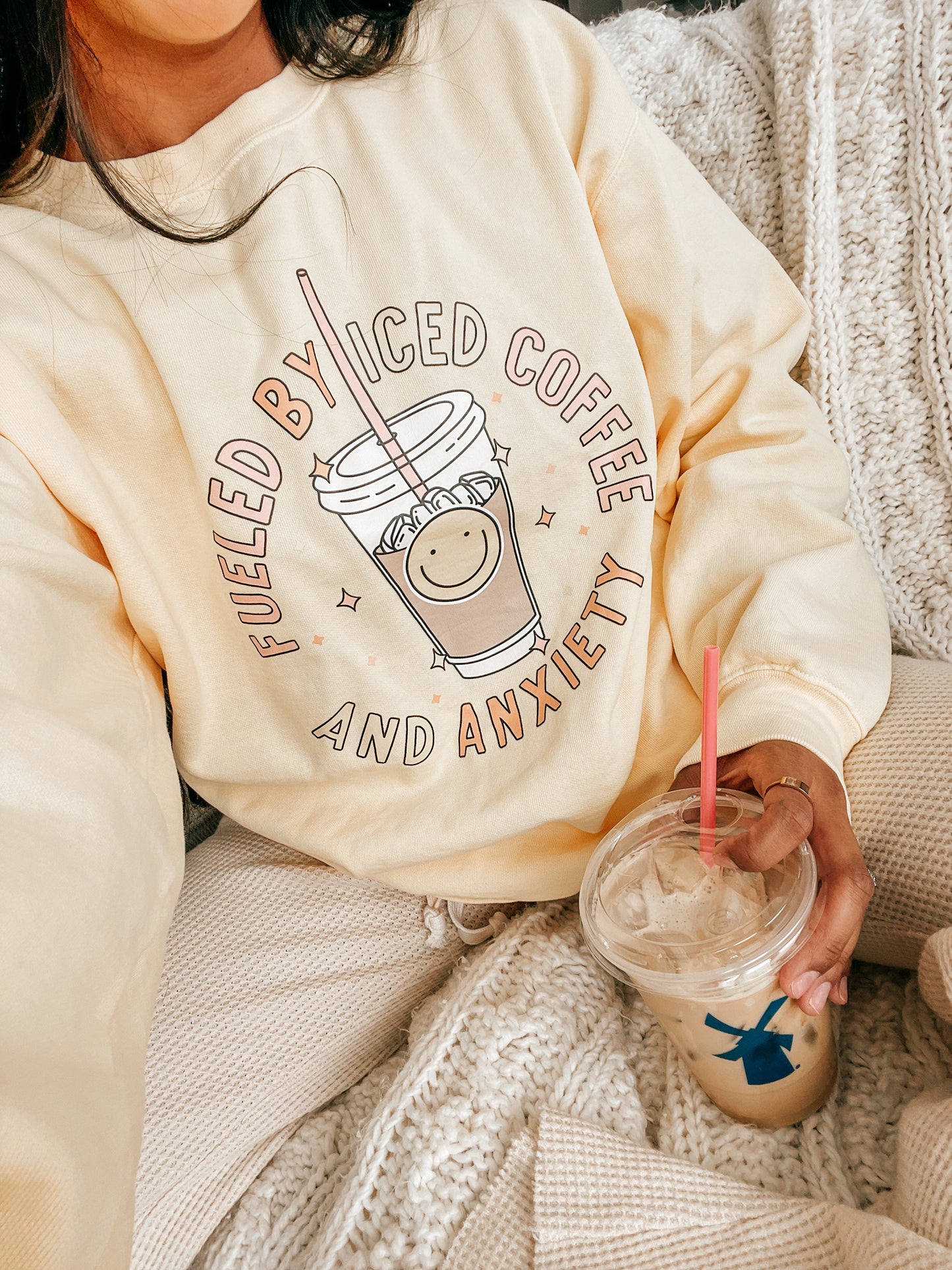 Fueled By Iced Coffee and Anxiety - Sweatshirt (Pale Yellow)