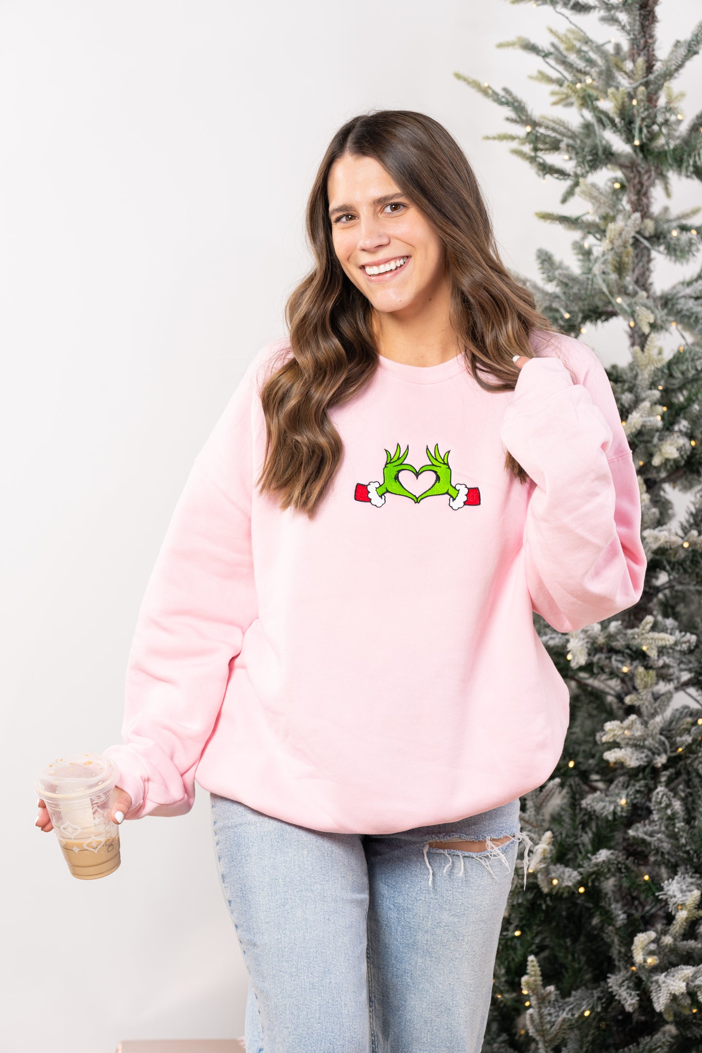 Christmas Heart Hands - Embroidered Sweatshirt (Light Pink)