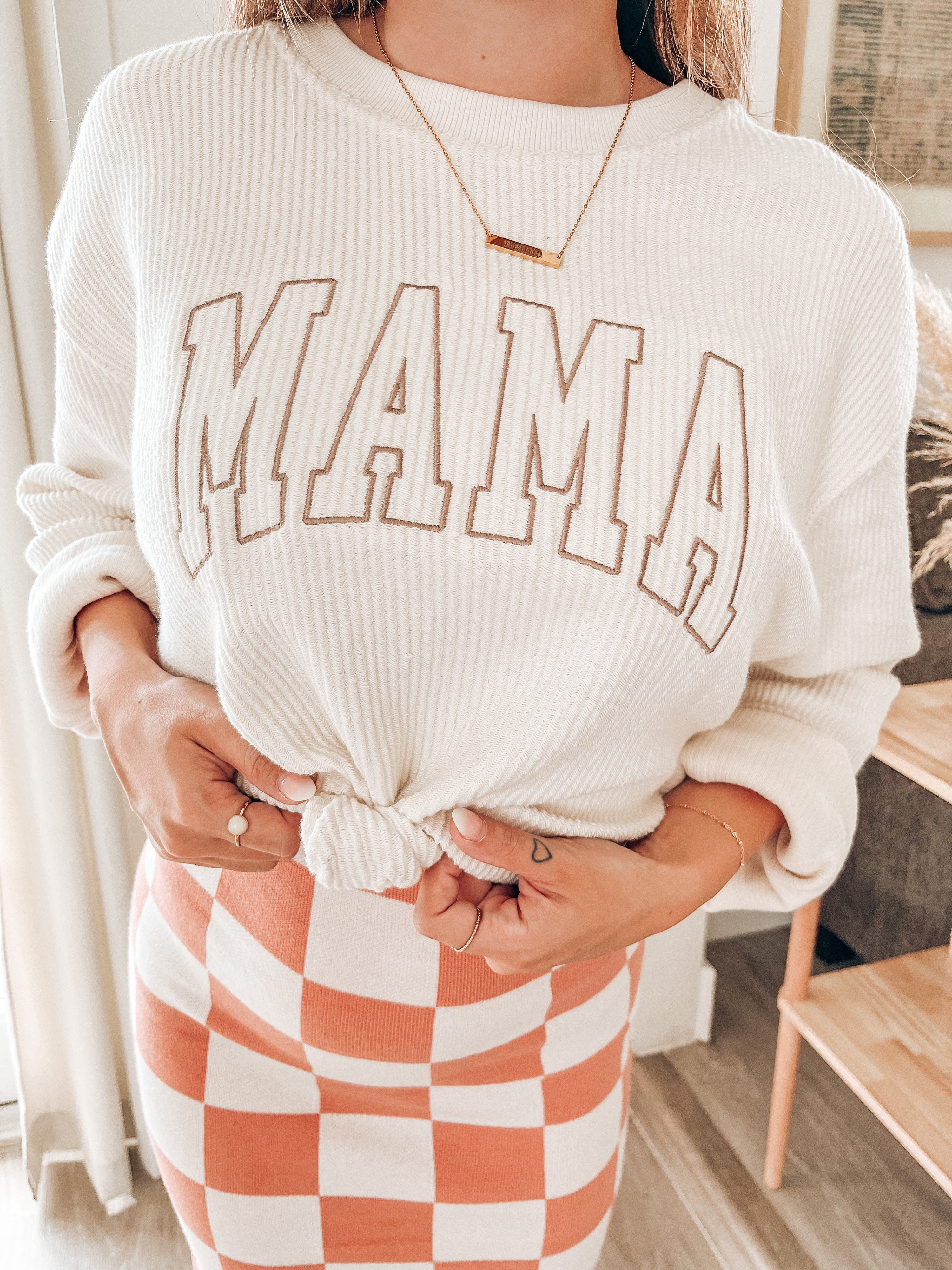 MAMA Retro Embroidered Sweatshirt, Stitched Corded Pullover, deals Crewneck Ribbed Sweatshirt