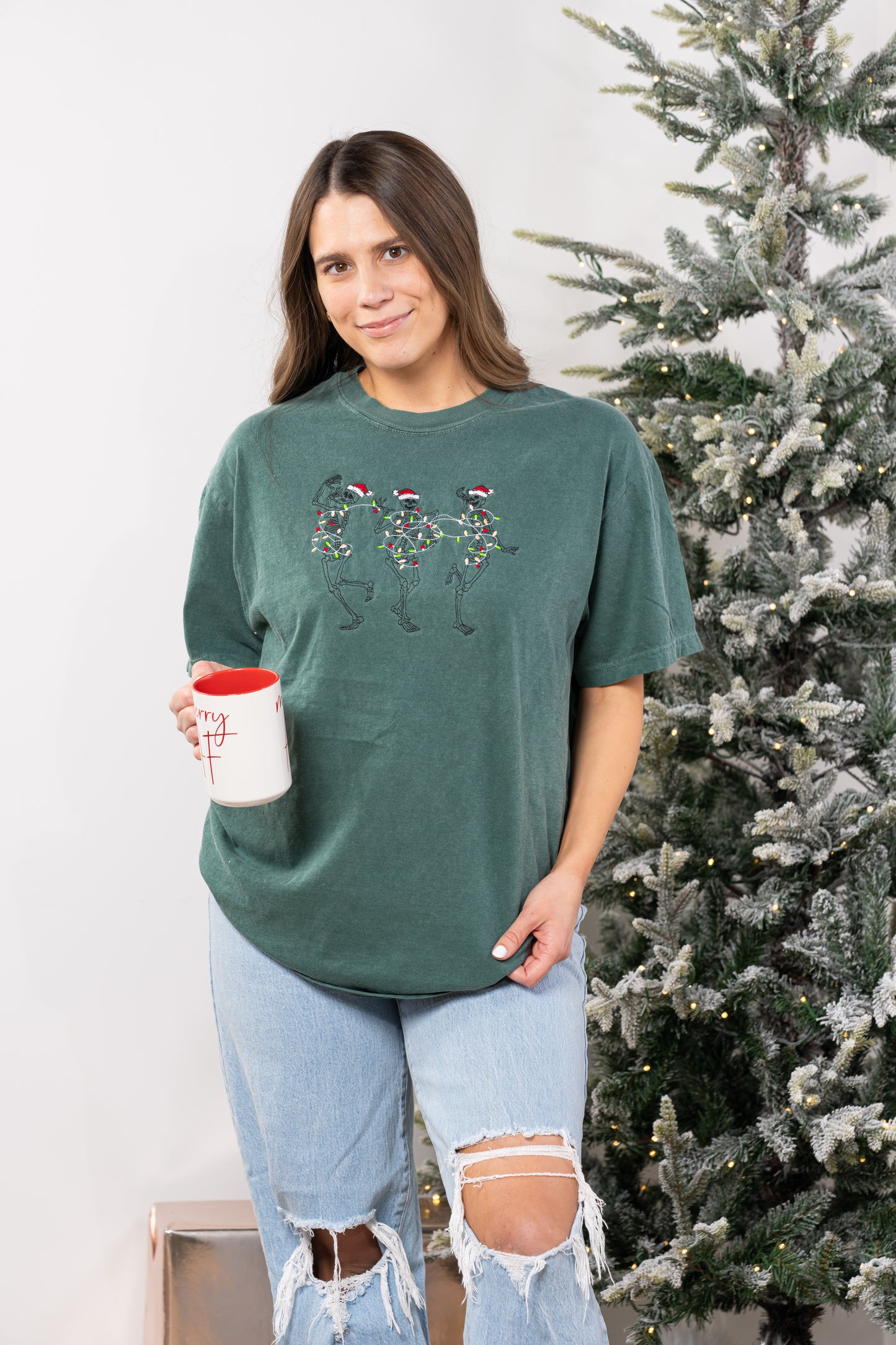 Christmas Dancing Skeleton - Embroidered Tee (Blue Spruce)