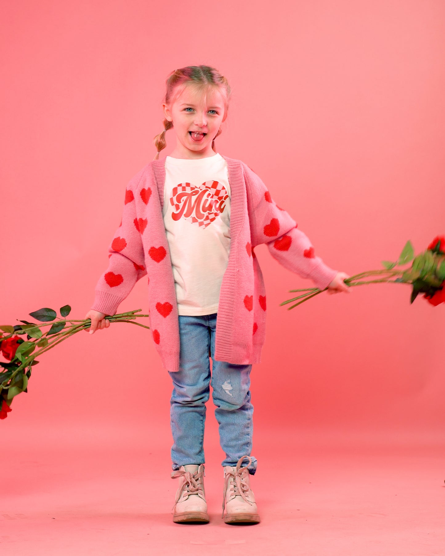 Mini Checkered Heart (Pink/Red) - Kids Tee (Natural)