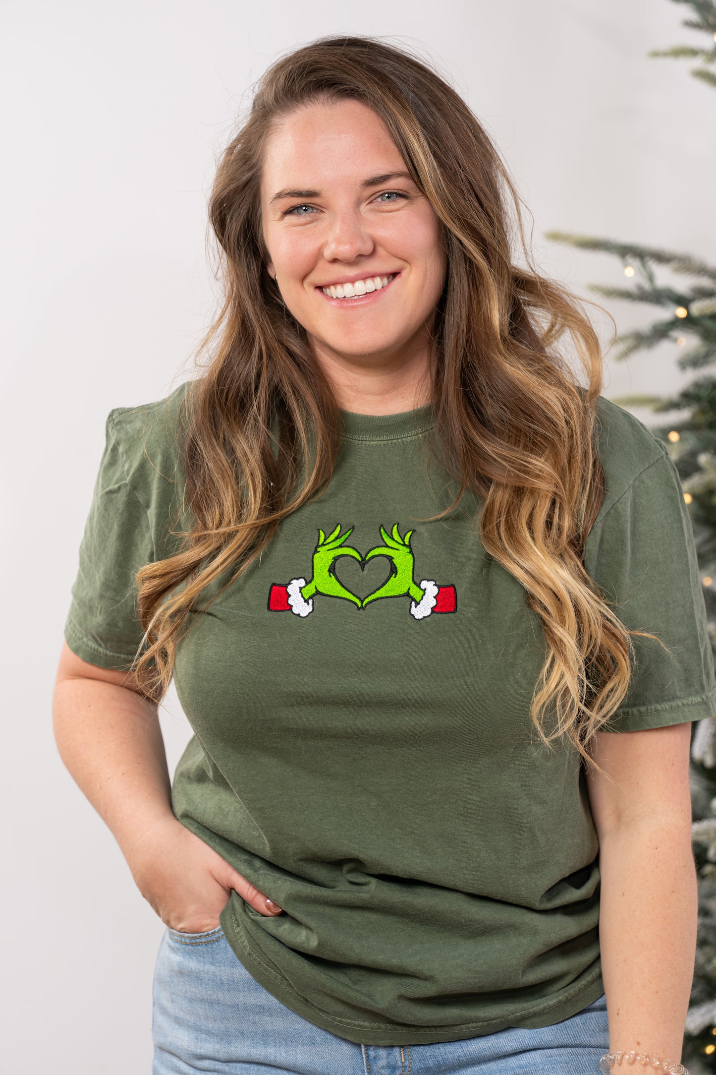 Christmas Heart Hands - Embroidered Tee (Spruce)