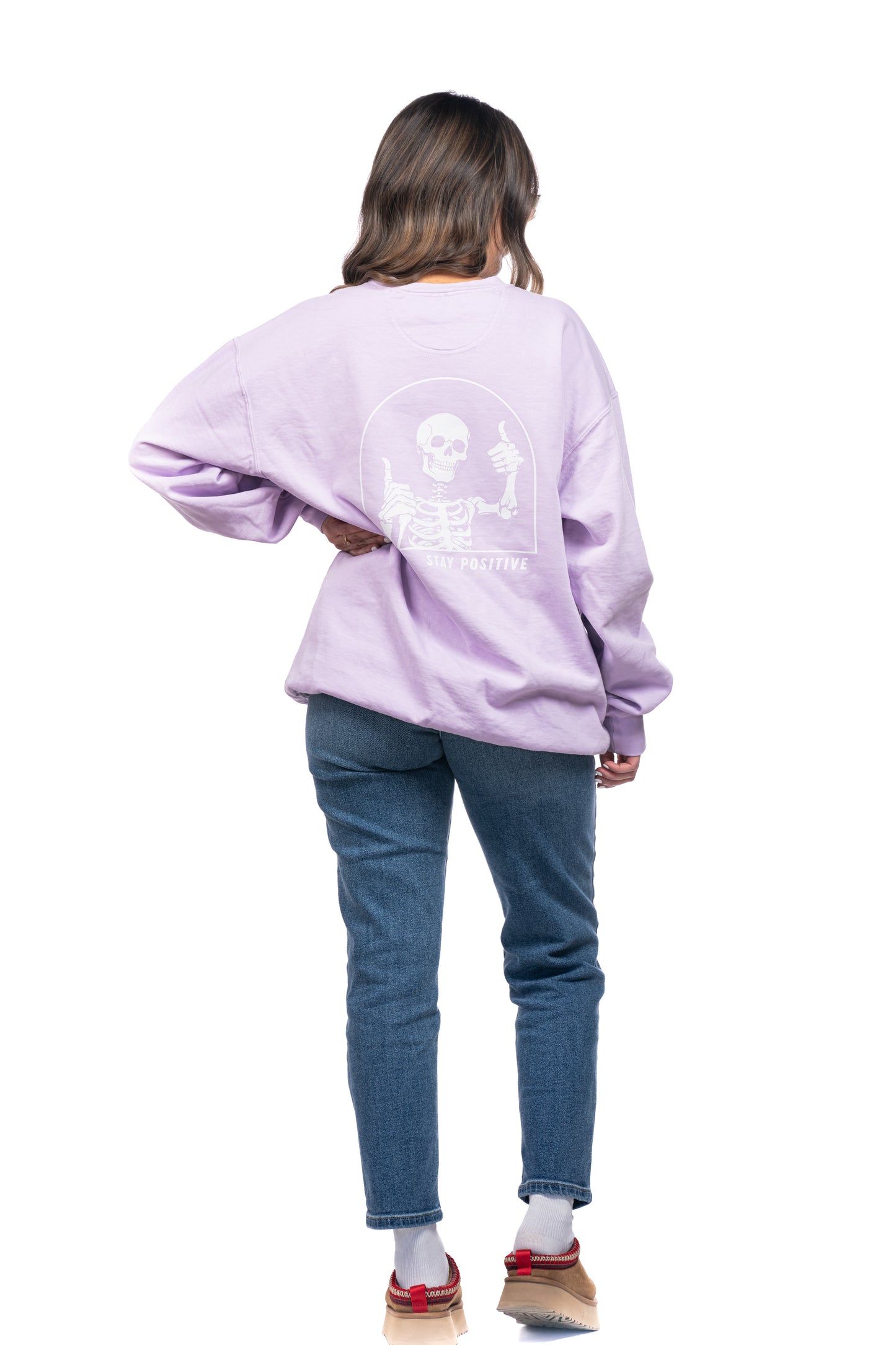 Stay Positive Skeleton (White, Front and Back) - Sweatshirt (Pale Purple)