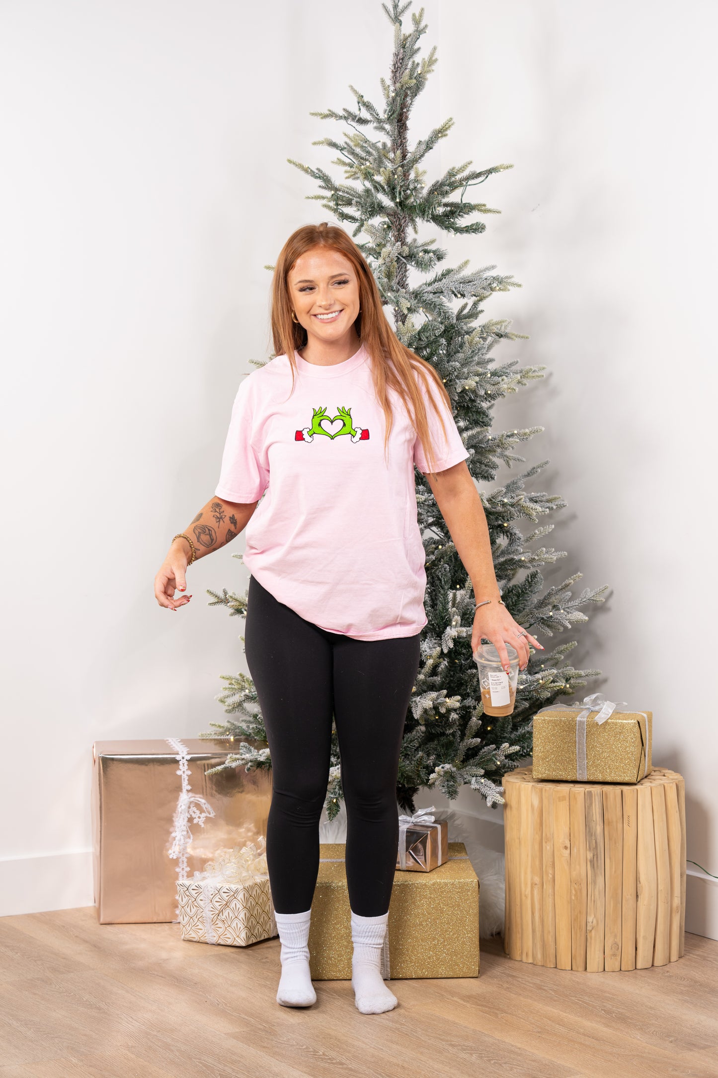 Christmas Heart Hands - Embroidered Tee (Pale Pink)