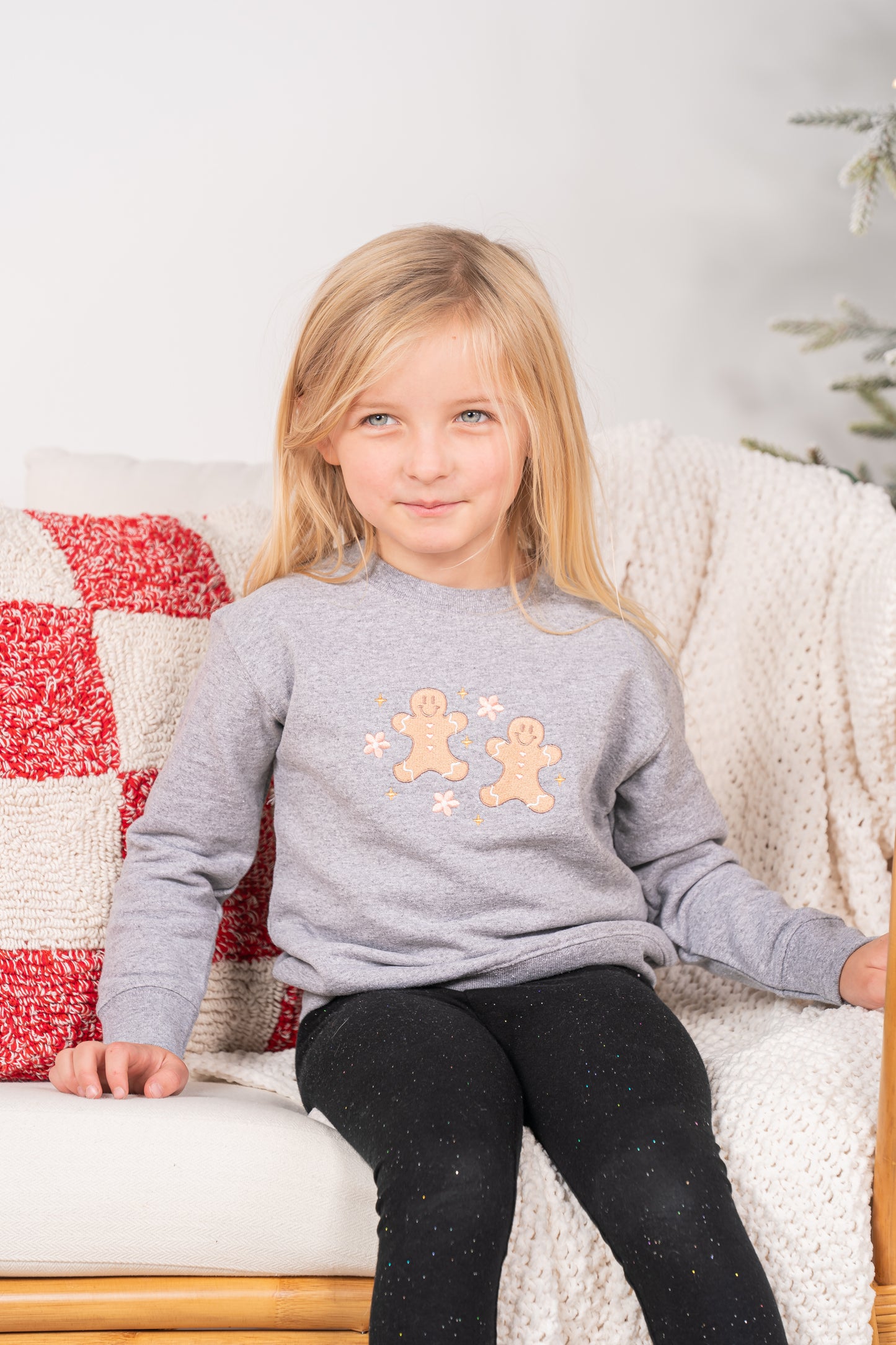Daisy Gingerbread Cookies - Embroidered Kids Sweatshirt (Heather Gray)