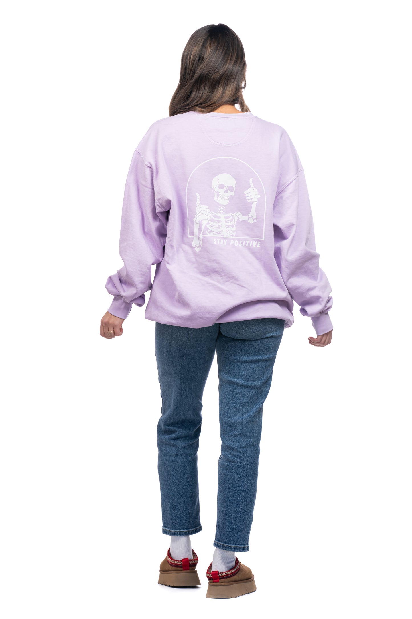 Stay Positive Skeleton (White, Front and Back) - Sweatshirt (Pale Purple)