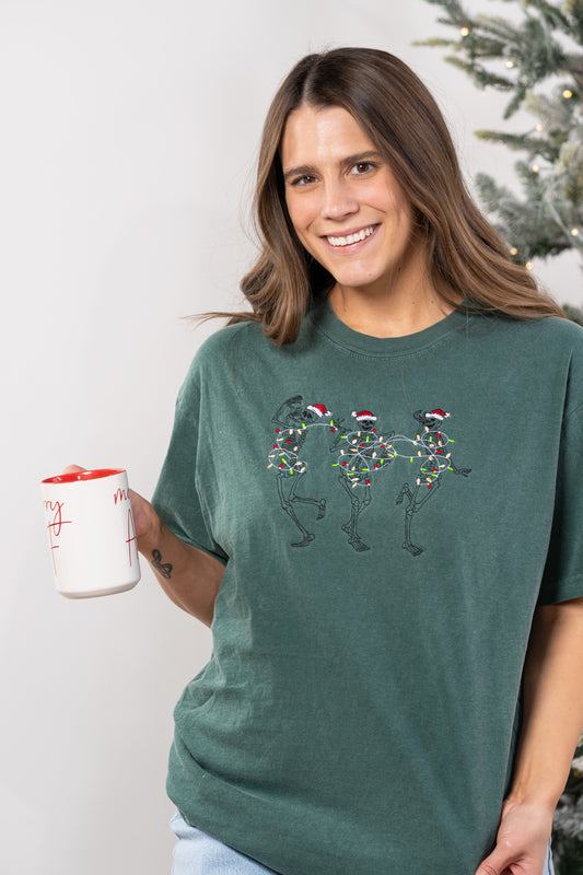 Christmas Dancing Skeleton - Embroidered Tee (Blue Spruce)