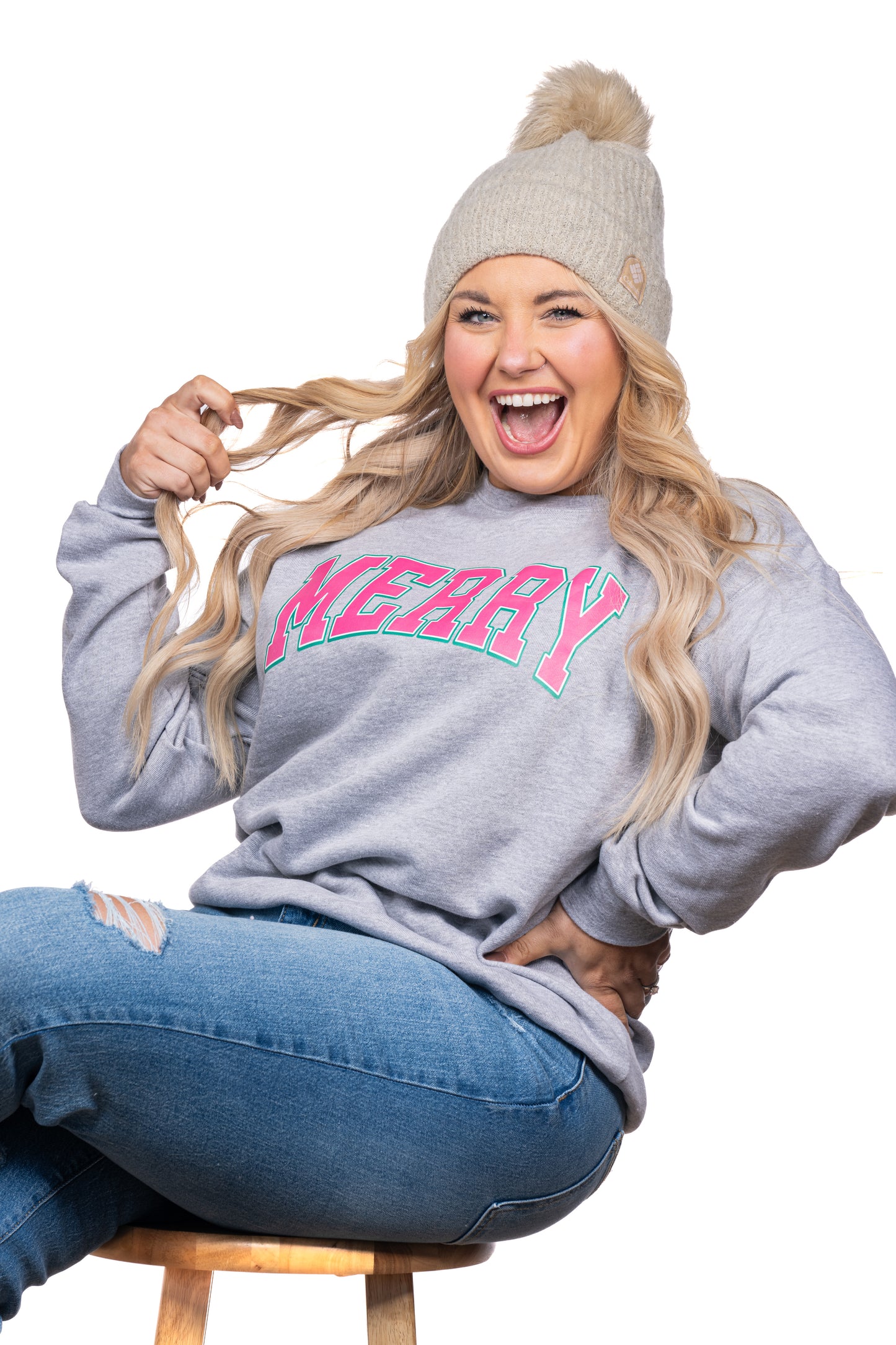 Merry Varsity (Pink) - Sweatshirt (Heather Gray)