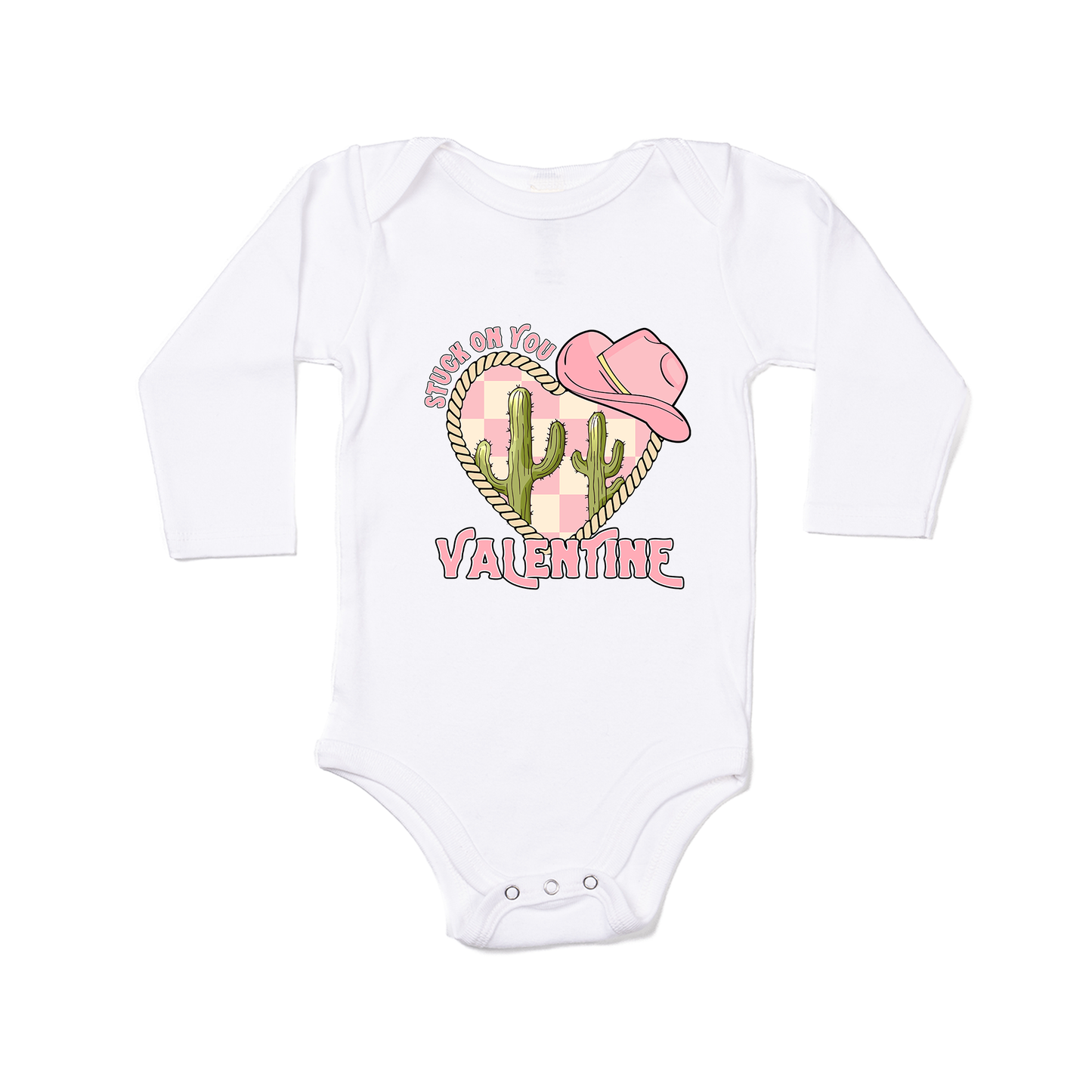 Stuck On You Valentine (Pink) - Bodysuit (White, Long Sleeve)