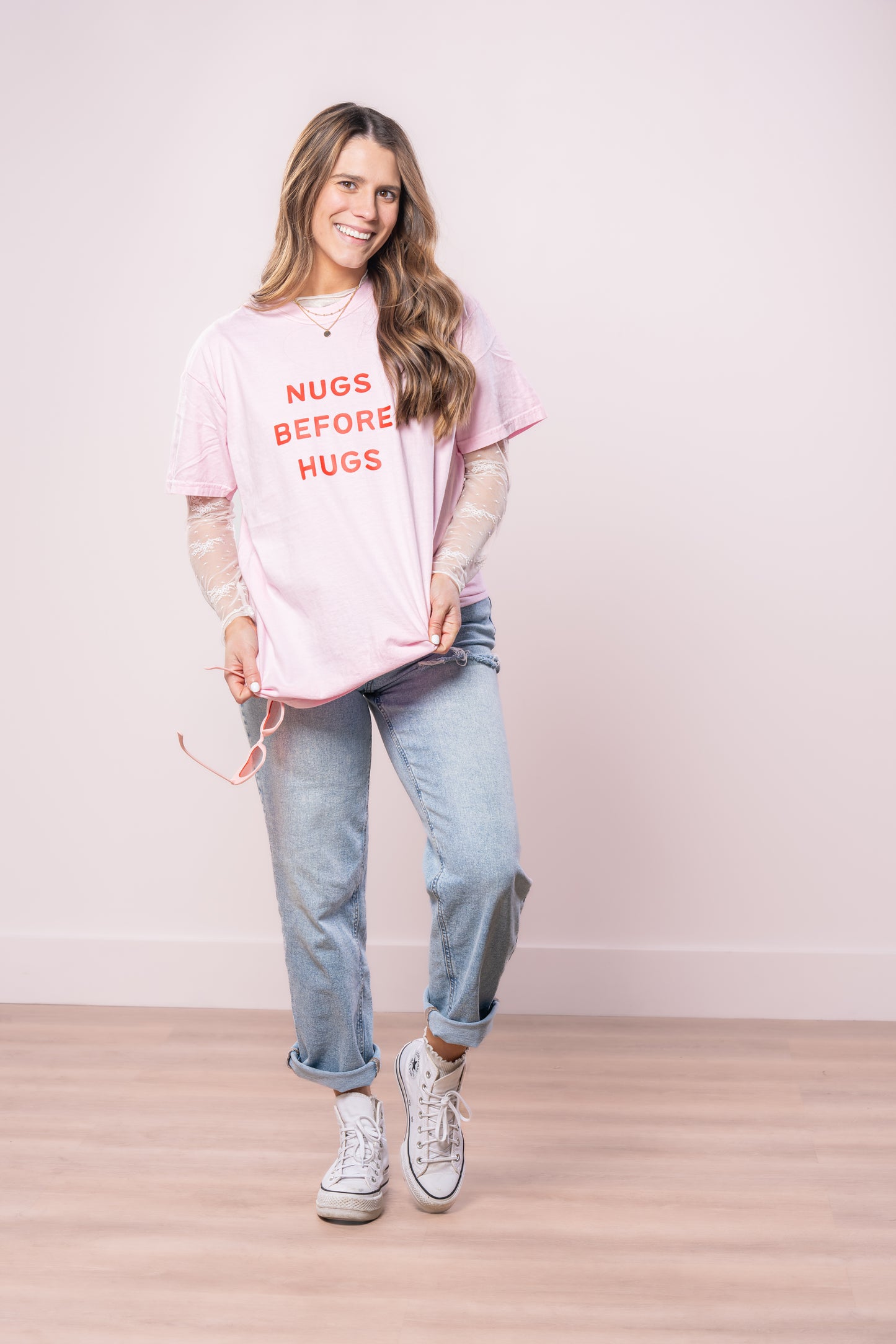 Nugs Before Hugs (Red) - Tee (Pale Pink)