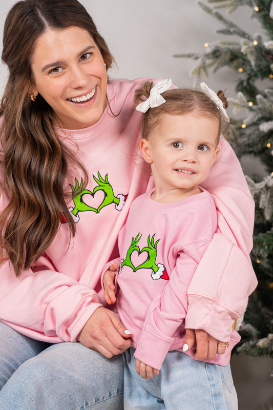 Christmas Heart Hands - Embroidered Kids Sweatshirt (Pink)