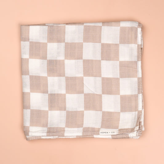 Taupe Checkered Bamboo Cotton Muslin Swaddle