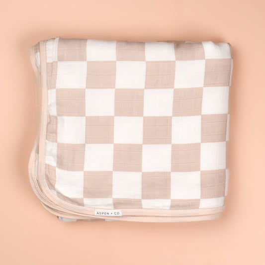 Taupe Checkered 6-Layer Luxury Bamboo Muslin Blanket