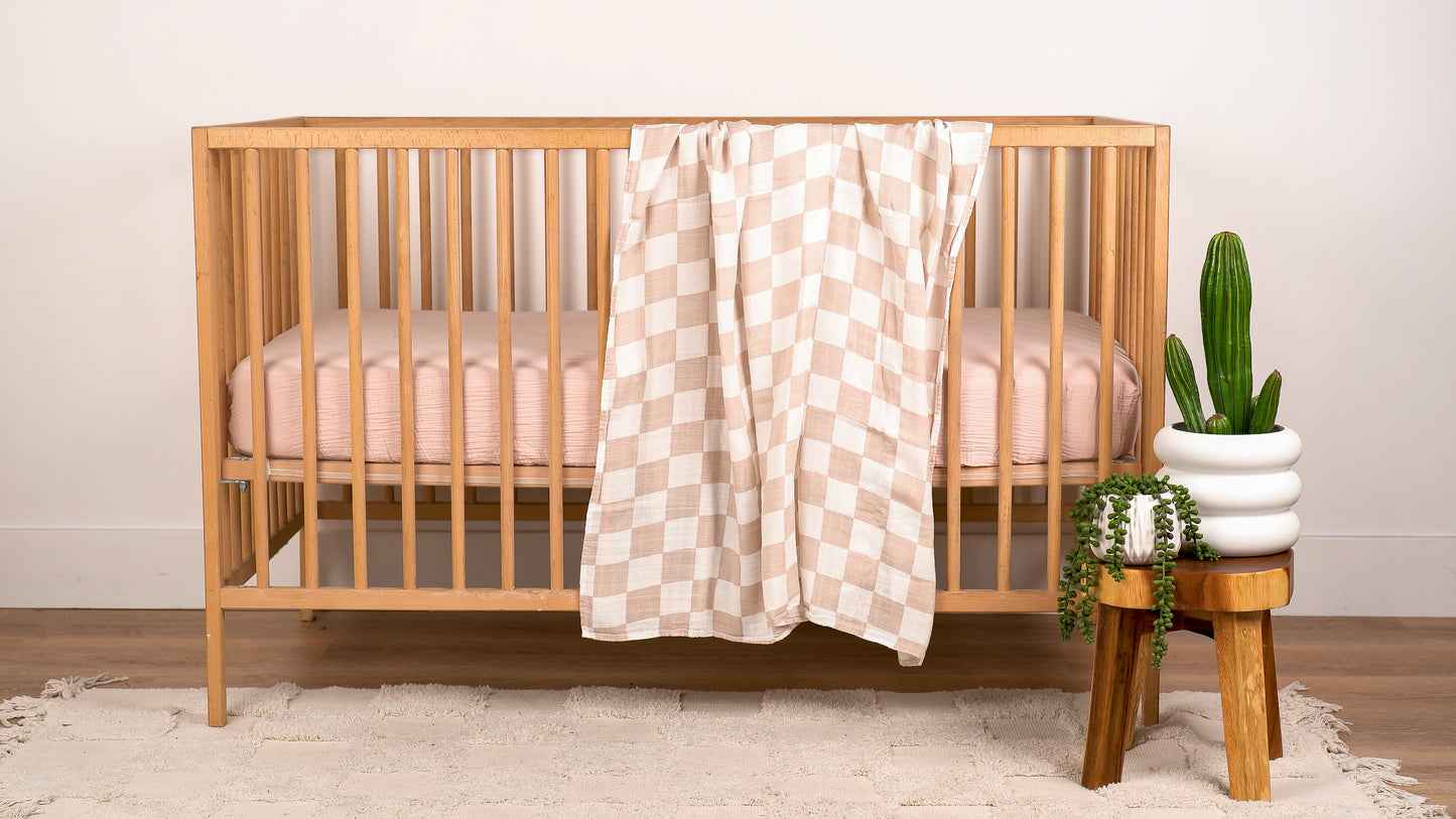 Taupe Checkered Bamboo Cotton Muslin Swaddle