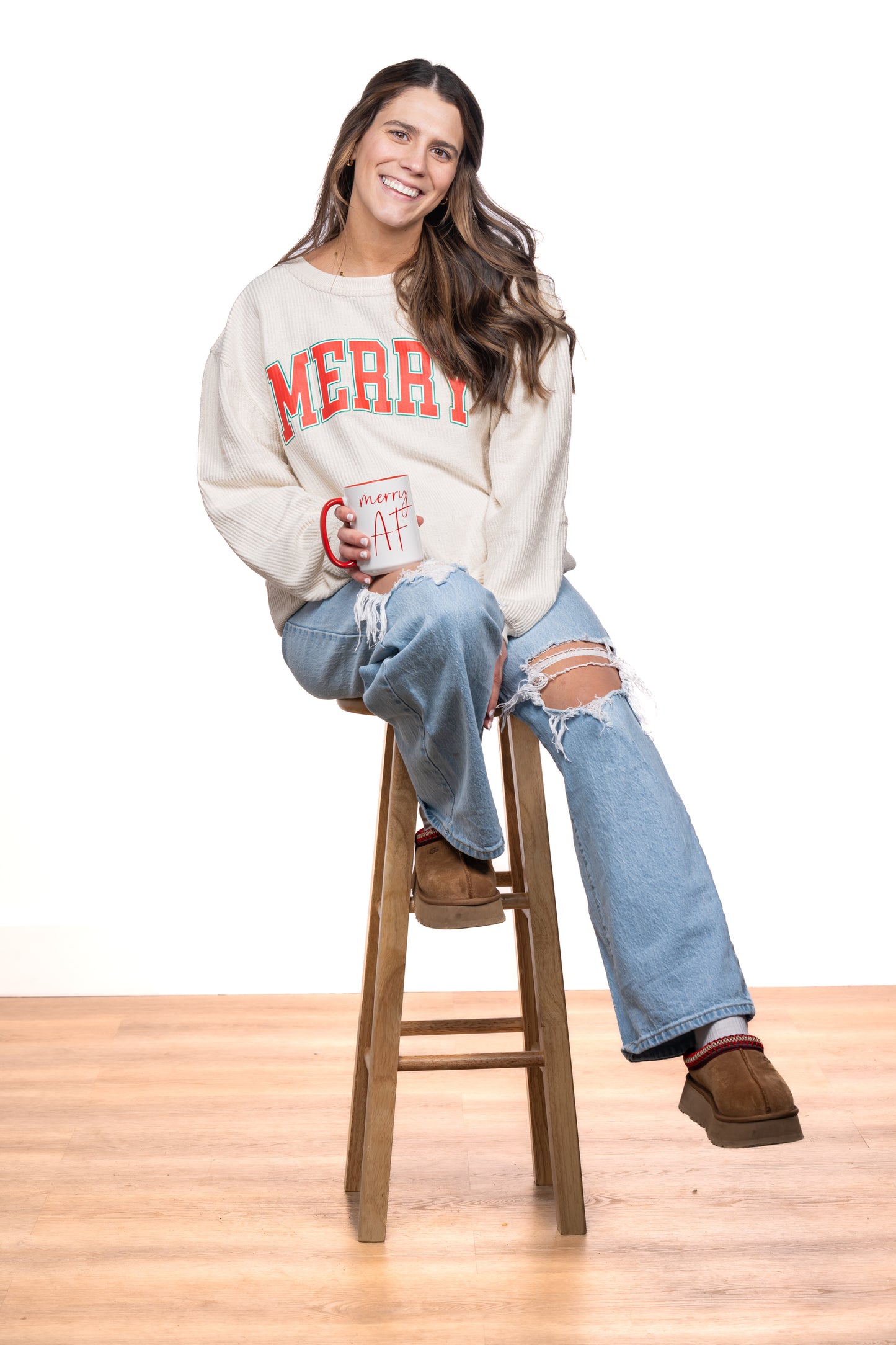 Merry Varsity (Red) - Corded Sweatshirt (Ivory)