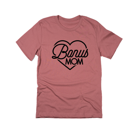 Bonus Mom Heart (Black, Across Front) - Tee (Mauve)