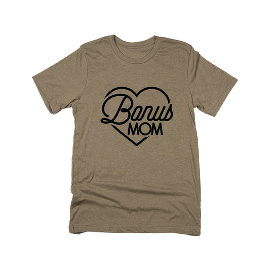 Bonus Mom Heart (Black, Across Front) - Tee (Olive)