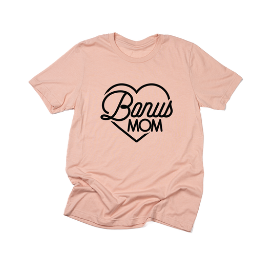 Bonus Mom Heart (Black, Across Front) - Tee (Peach)