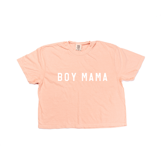 Boy Mama (Across Front, White) - Cropped Tee (Peach)