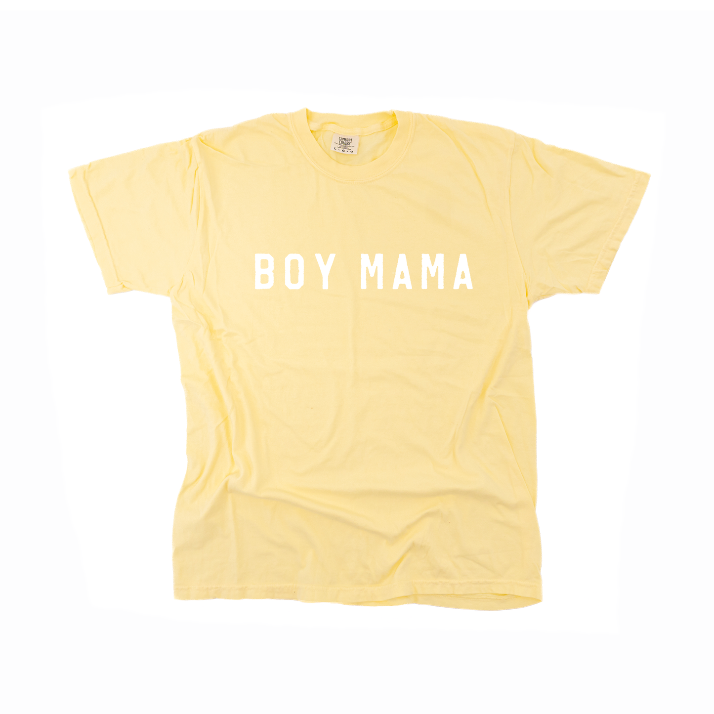 Boy Mama (Across Front, White) - Tee (Pale Yellow)