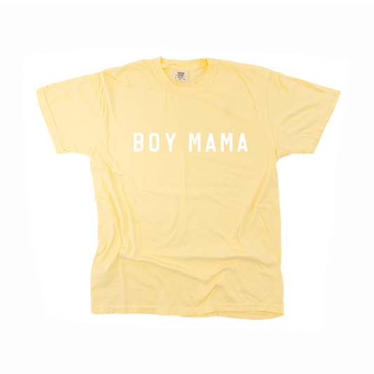 Boy Mama (Across Front, White) - Tee (Pale Yellow)