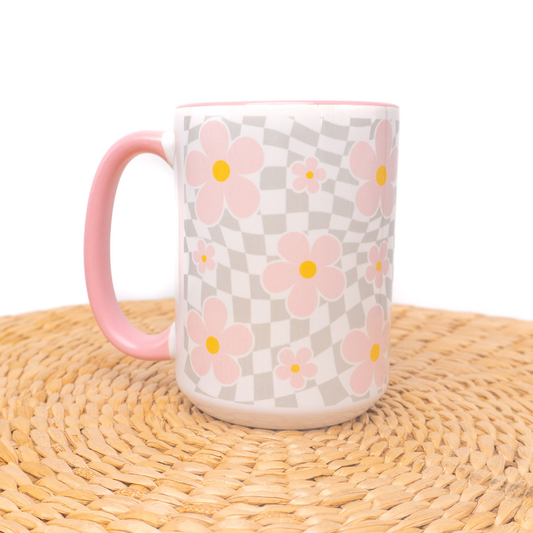 Checkered Daisy - Coffee Mug (Pink Handle & Inside)