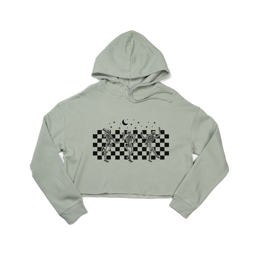 Checkered Dancing Skeletons - Cropped Hoodie (Sage)