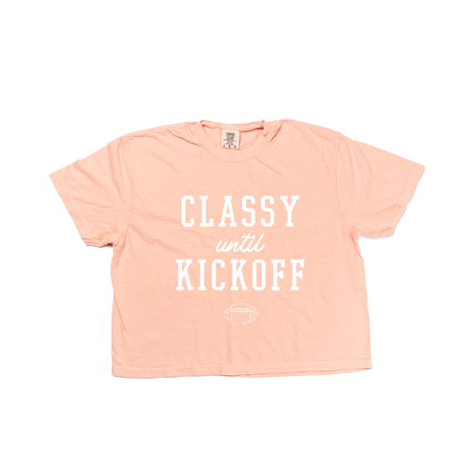 Classy Until Kickoff (White) - Cropped Tee (Peach)