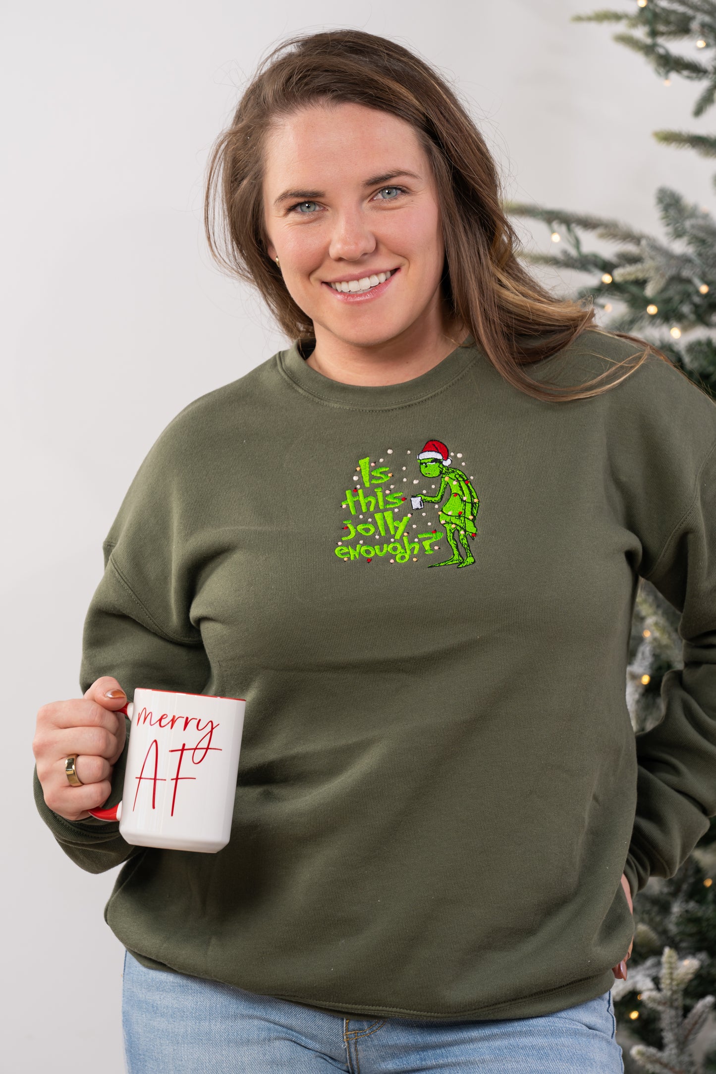 Is this Jolly Enough? - Embroidered Sweatshirt (Military Green)