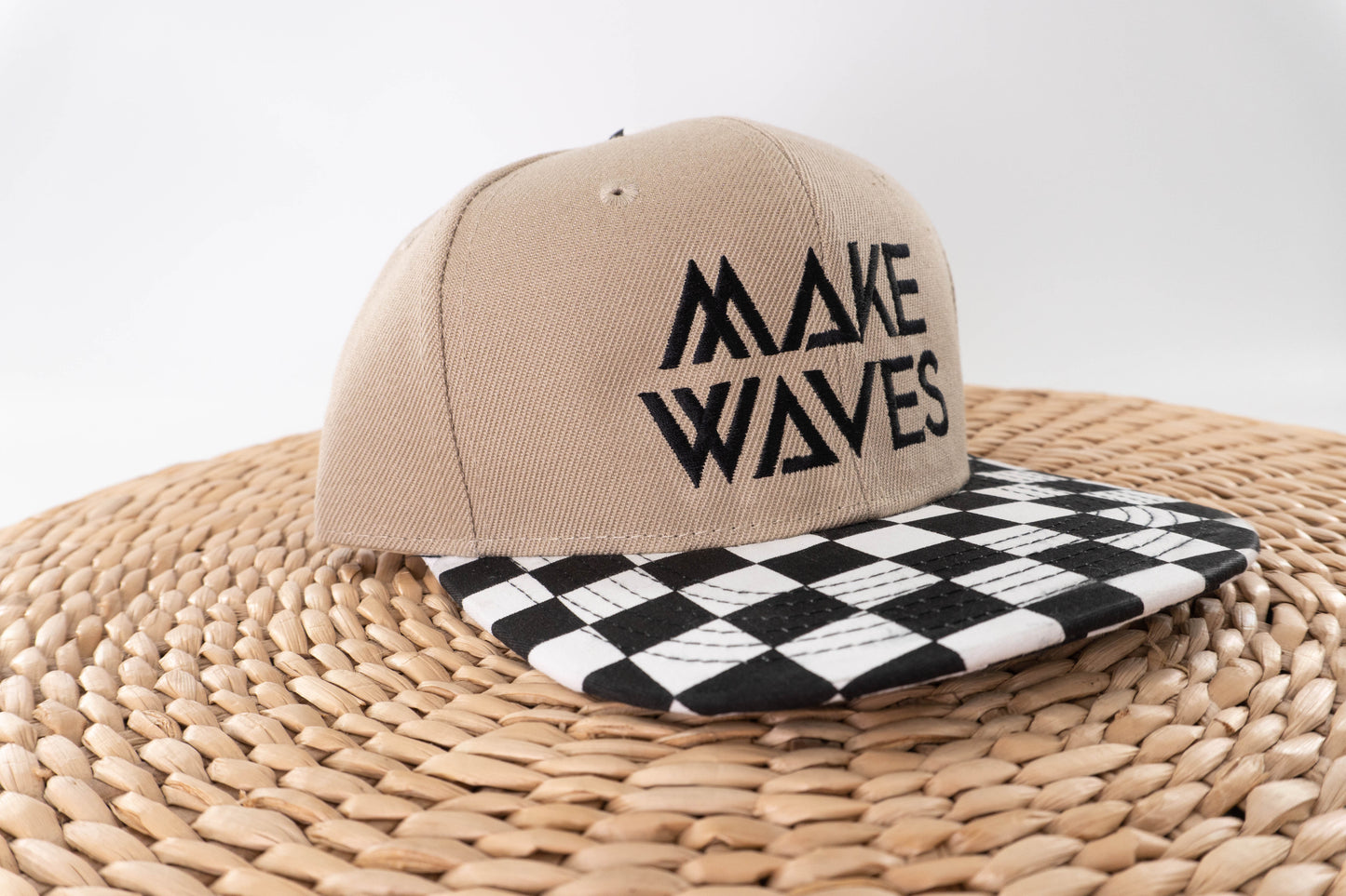 Make Waves (Black) - Kids Trucker Hat (Khaki/Checkered)