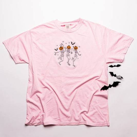 Dancing Pumpkin Skeletons - Embroidered Tee (Pale Pink)