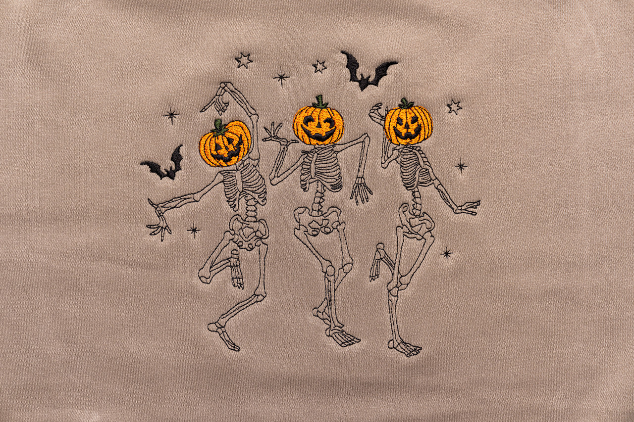 Dancing Pumpkin Skeletons - Embroidered Sweatshirt (Cement)