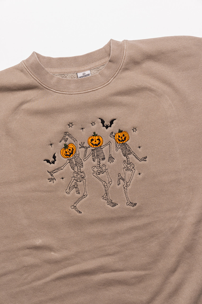 Dancing Pumpkin Skeletons - Embroidered Sweatshirt (Cement)