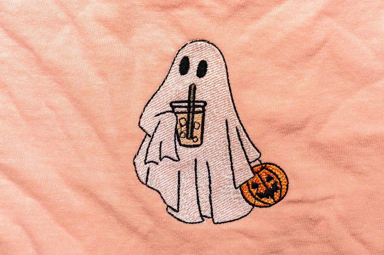 Iced Coffee Ghoul (Pocket) - Embroidered Cropped Tee (Peach)