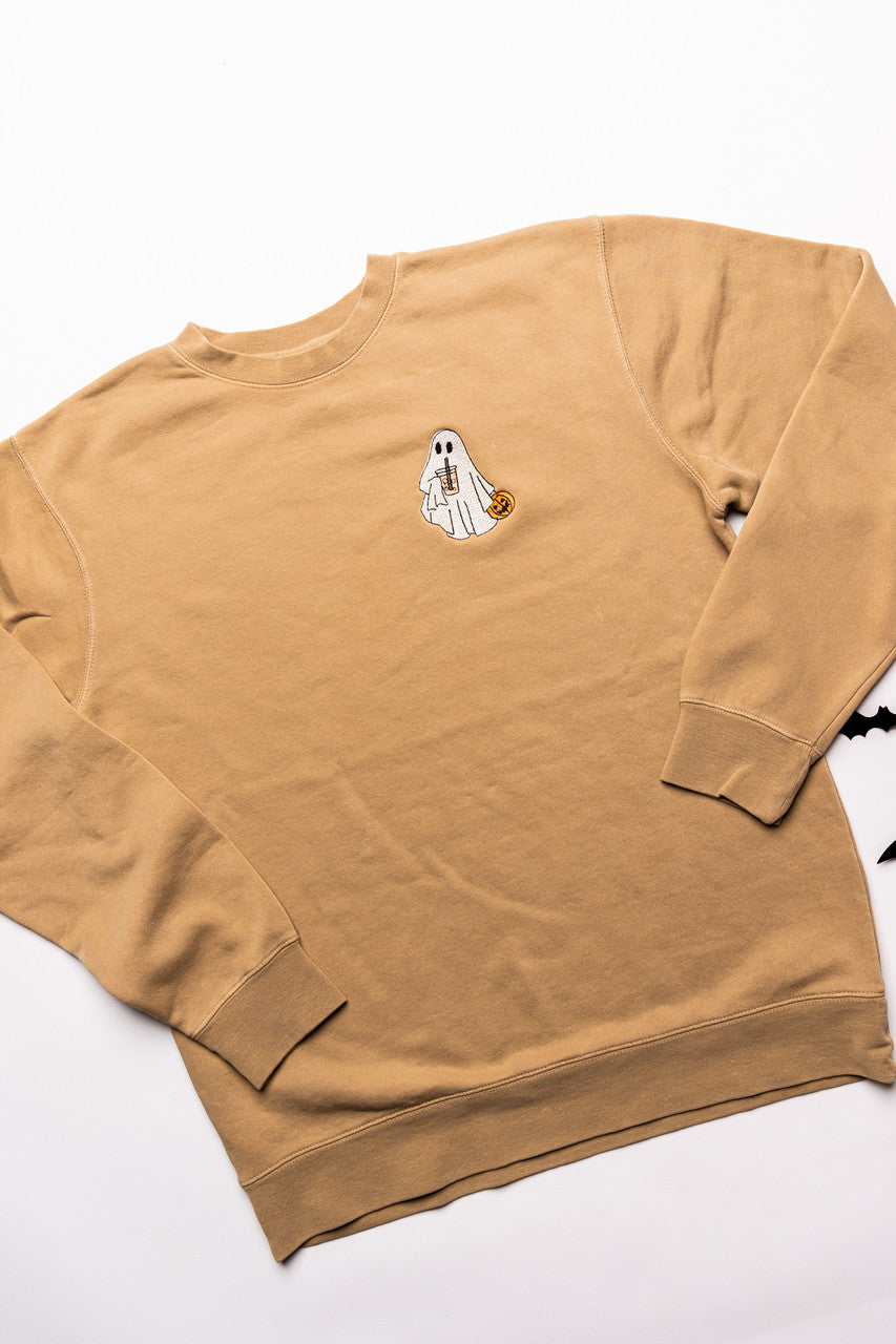 Iced Coffee Ghoul (Pocket) - Embroidered Sweatshirt (Tan)