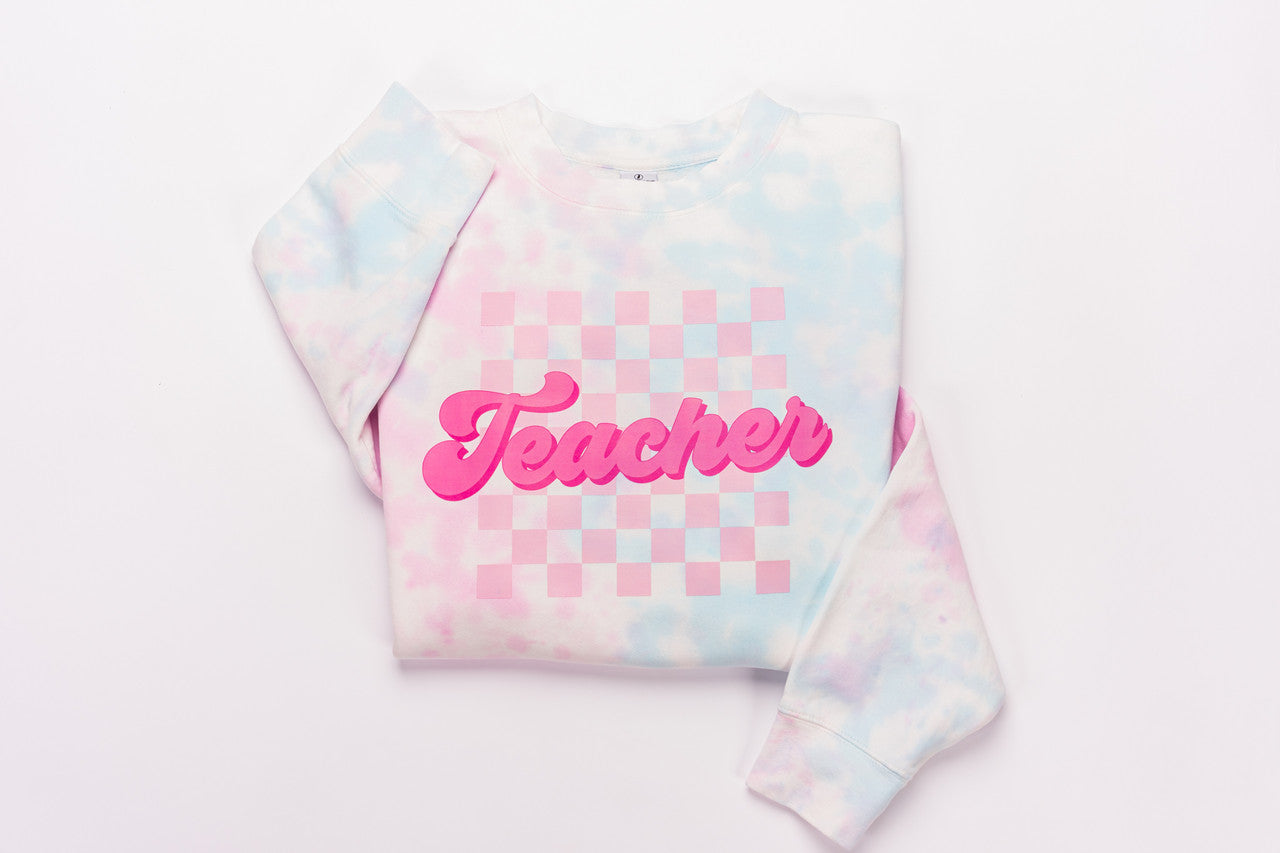 Teacher Checkered (Pink) - Sweatshirt (Cotton Candy Tie Dye)