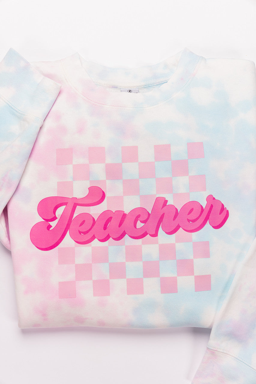 Teacher Checkered (Pink) - Sweatshirt (Cotton Candy Tie Dye)