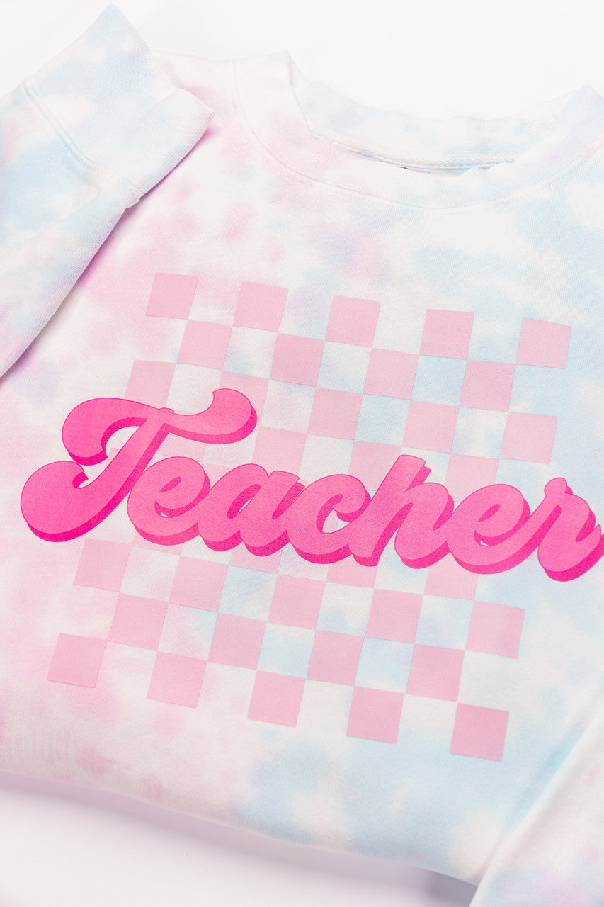 Teacher Checkered (Pink) - Sweatshirt (Cotton Candy Tie Dye)