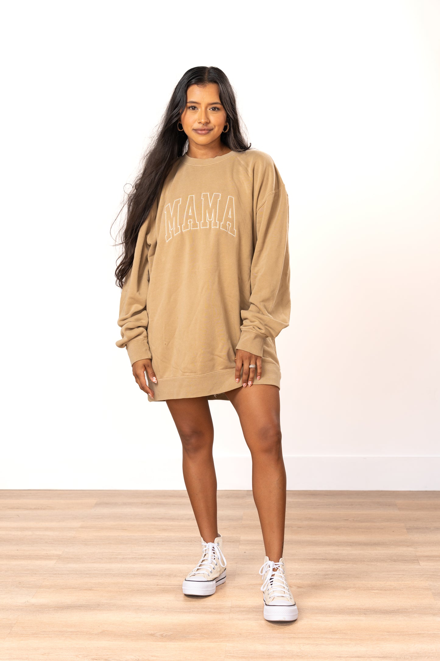 Mama Varsity (Creme) - Embroidered Sweatshirt (Tan)