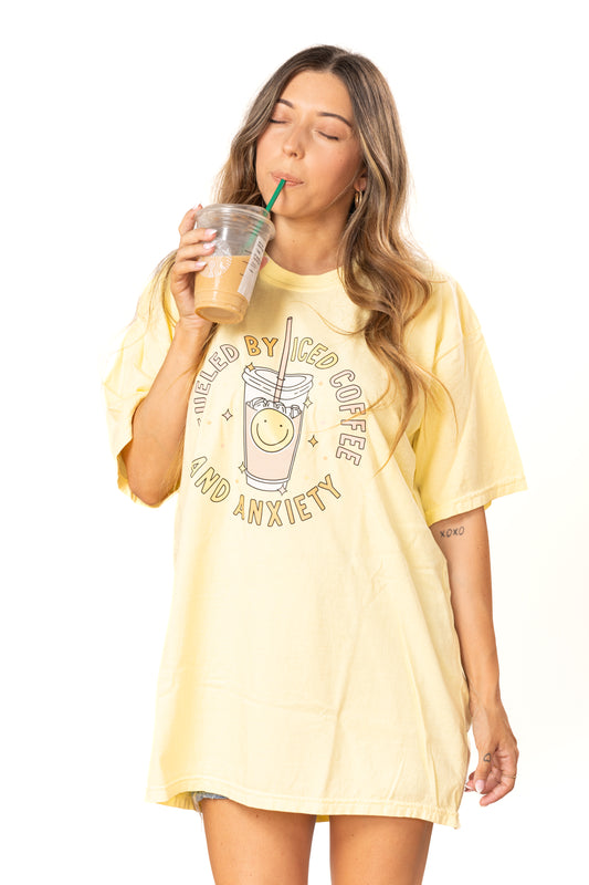 Fueled By Iced Coffee and Anxiety - Tee (Pale Yellow)