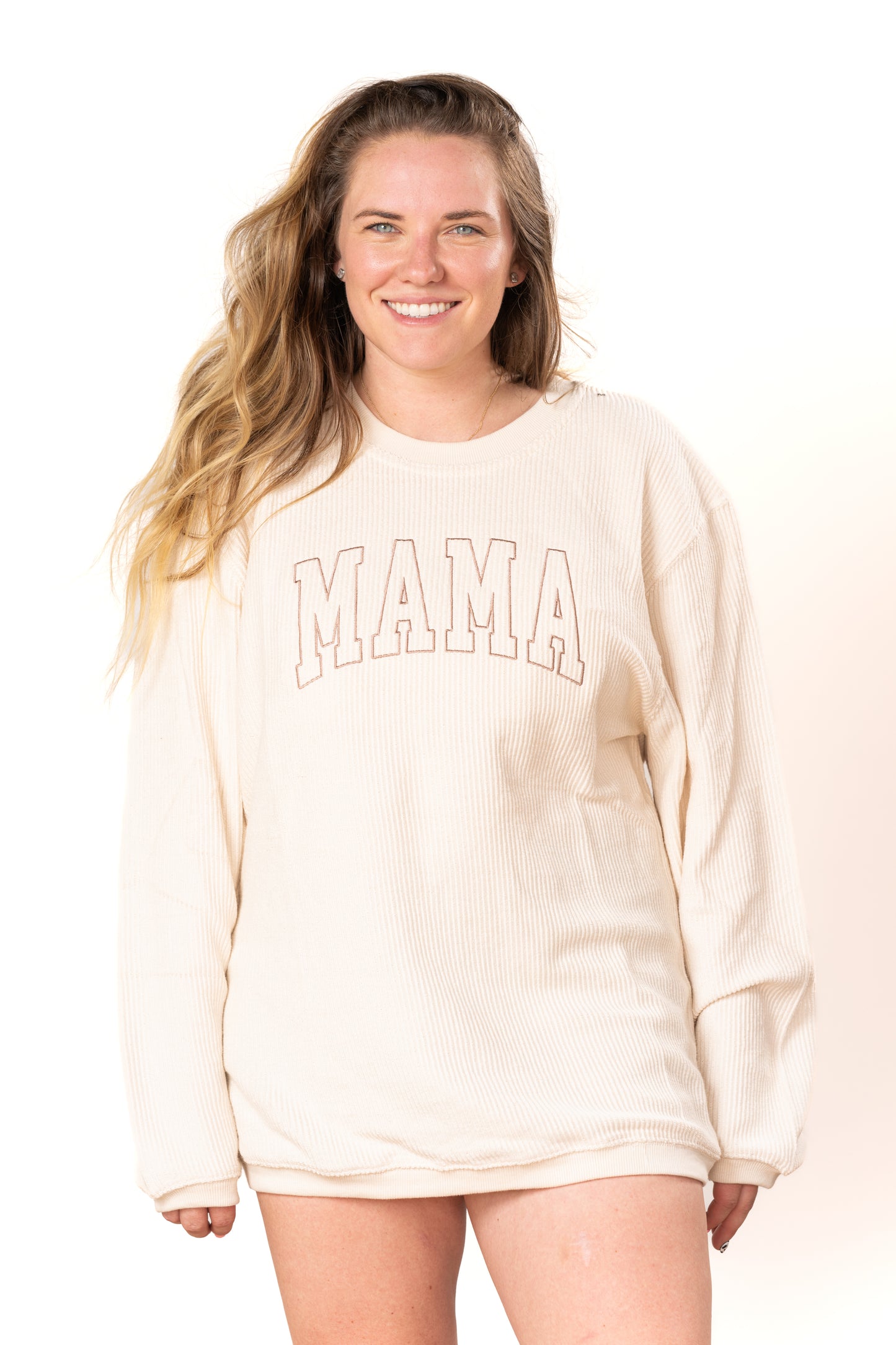 Mama (Varsity, Toffee) - Embroidered Corded Sweatshirt (Ivory)