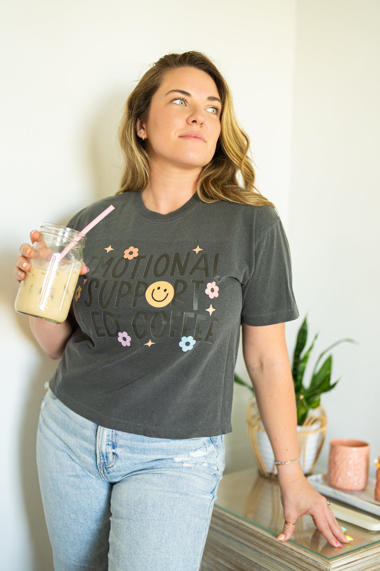 Emotional Support ICED Coffee - Cropped Tee (Smoke)